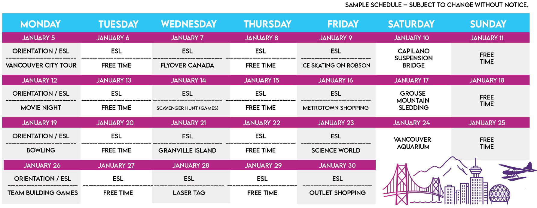 SSLC 溫哥華 冬令營 課程表