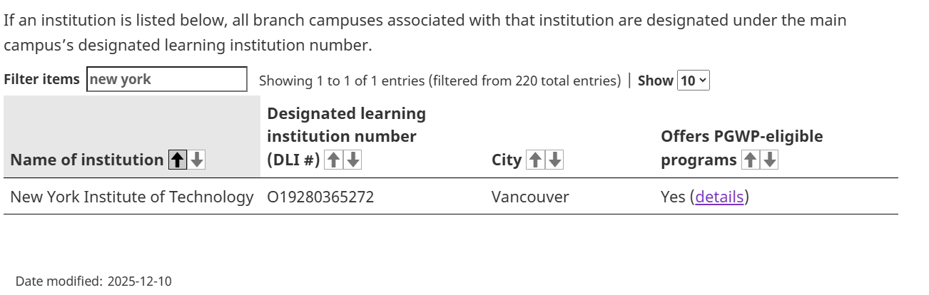 NYIT溫哥華校區DLI號碼