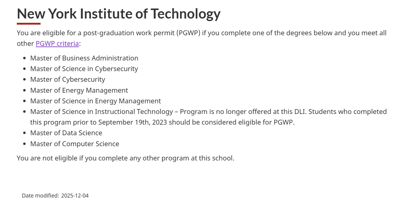 NYIT 溫哥華校區符合PGWP課程申請要件