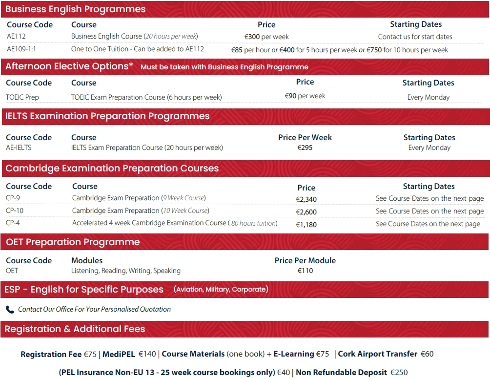 Cork English College 2026學費