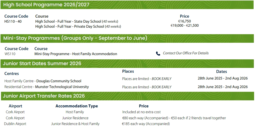 Cork English College 2026學費