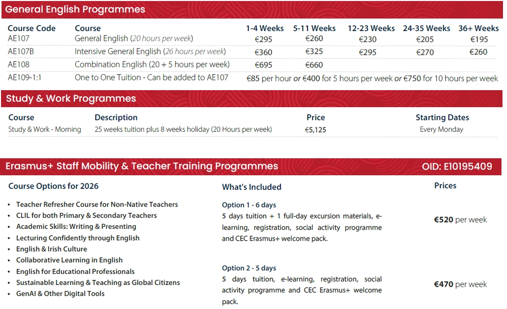 CEC Cork English College 2026學費