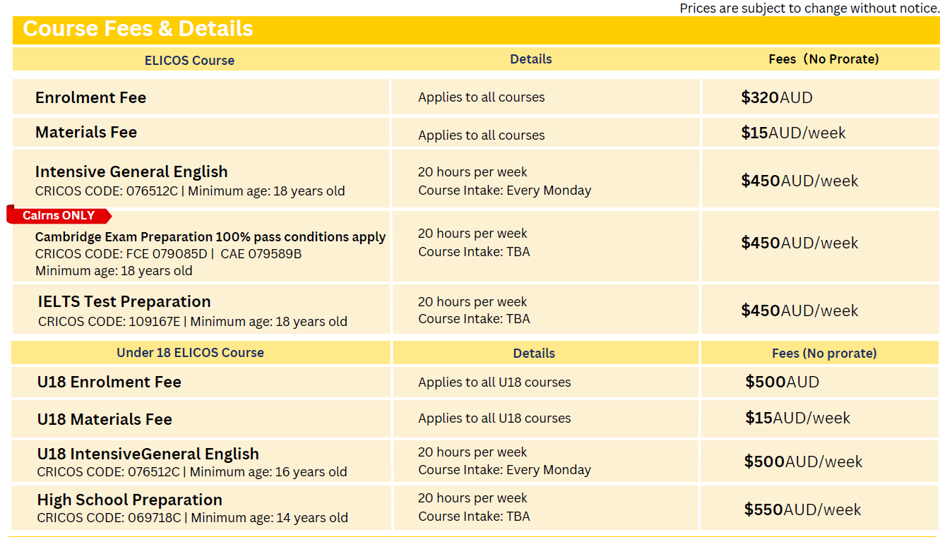 SPC 凱恩斯校區費用
