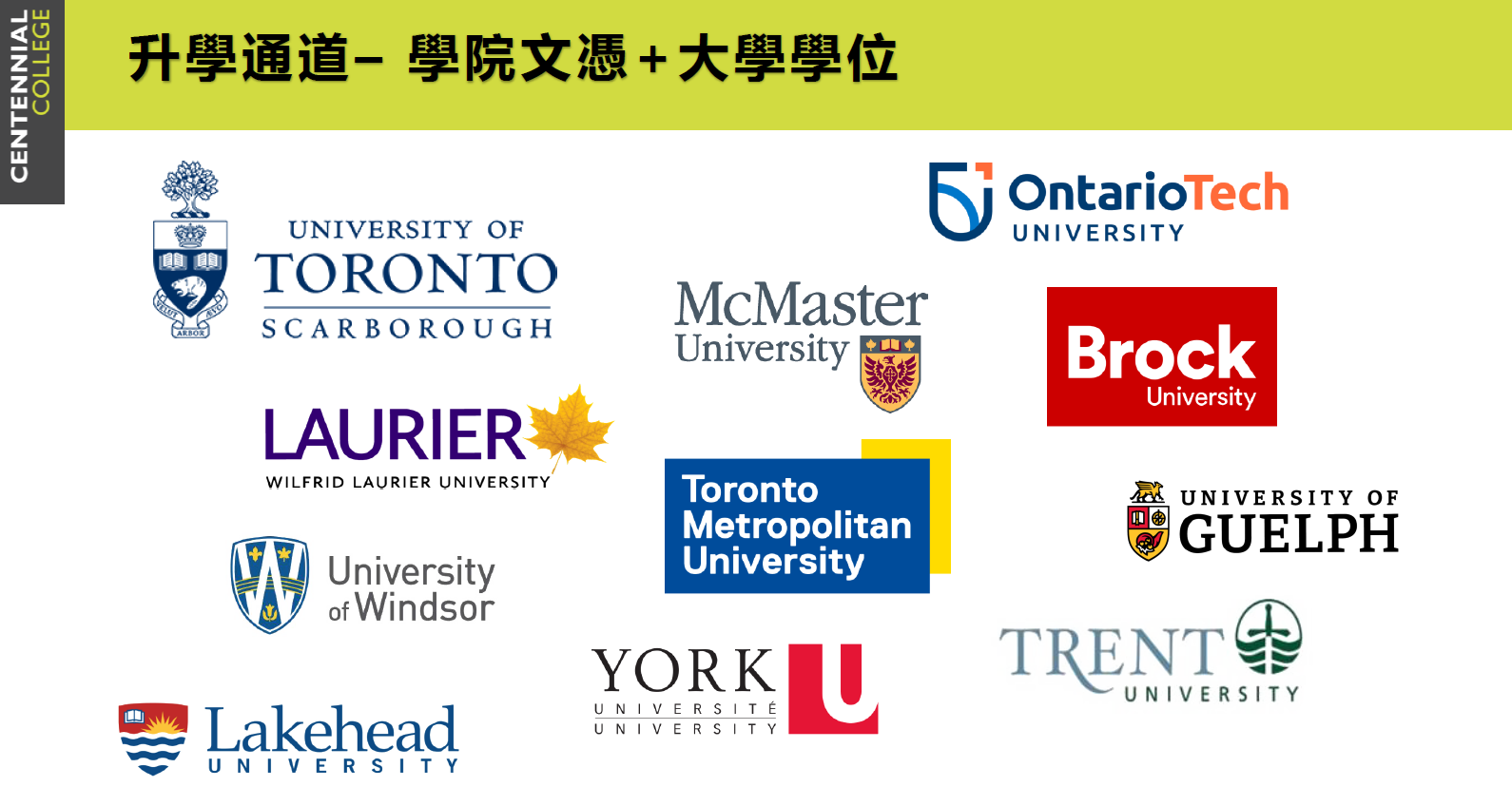 Centennial College 百年理工學院升學通道：學院文憑加大學學位，合作大學包含多倫多大學等多所院校