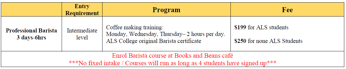 ALS College 2026 Professional Barista Course 咖啡課程優惠學費