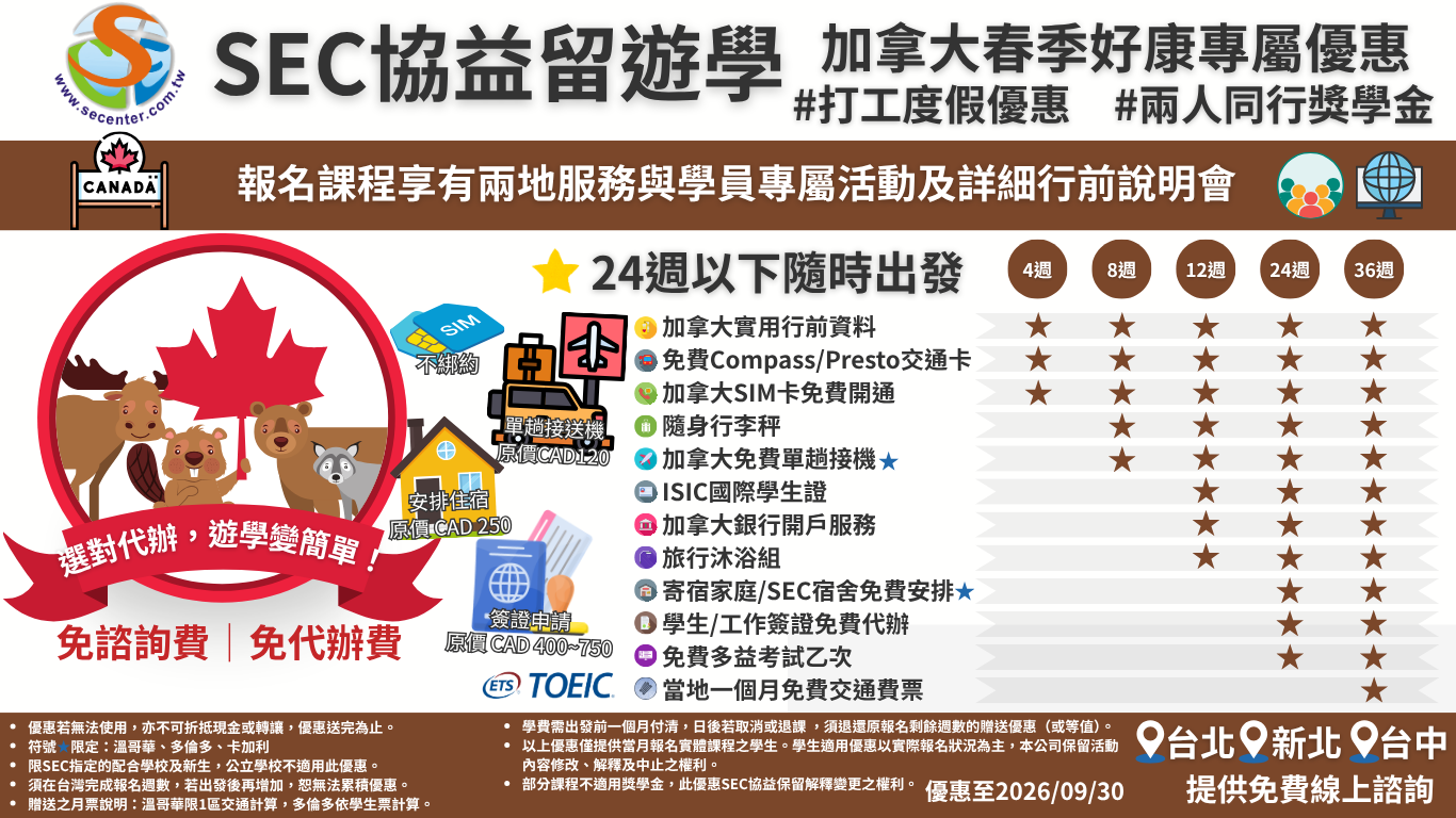 SEC協益最新加拿大留遊學專屬優惠